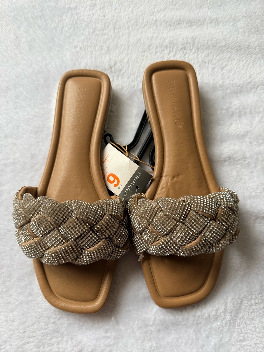 Primark Tan Braided Slide Sandals with Rhinestone Accents